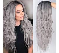 Peluca Rubia Gris largas para mujer efecto ombré, con raíces oscuras,Pelucas de cabello ondulado natural pelo con parte media, uso diario para cosplay de fiesta
