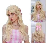 Peluca Rubia Larga,Peluca Rubia Mujer,Pelucas Onduladas Largas De 76 Cm Con Flequillo,P-eluca Largo Rizo de Cosplay Anime con Redecilla Pelo y Lazo,Pelucas Mujer Niñas para Cosplay/Carnaval/Diario