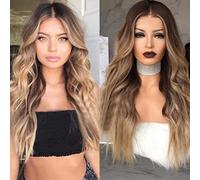 Peluca rubia larga y rizada de las mujeres dos tonos marrón oscuro enraizado con pelucas de la parte media de aspecto natural resistente al calor sintético for mujeres de cosplay de cosplay de uso dia