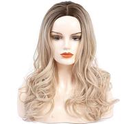 Peluca rubia larga y rizada de mujeres dos tonos marrón oscuro enraizado con pelucas de la parte media de aspecto natural resistente al calor sintético for mujeres de cosplay de cosplay ropa diaria de