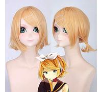 Peluca rubia sintética corta GHK Cosplay Vocaloid Kagamine Rin con dos pequeñas coletas pelucas femeninas para hombres