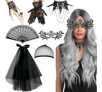 Peluca señoras conjunto de 8,peluca de las mujeres de disfraces de Halloween niñas con joyas góticas máscara guantes de encaje ventiladores velo,peluca señoras para Halloween carnaval cosplay partido