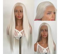 Peluca sintética blanca con frente de encaje 13 × 4, peluca de fibra resistente al calor con línea de pelo Natural larga y recta prearrancada for mujeres(24inch)