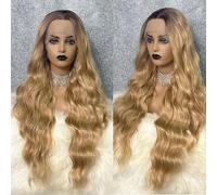 Peluca sintética con encaje frontal, peluca de cosplay rubia ombré para mujer, peluca larga ondulada de 26 pulgadas con cuerpo ondulado, raíz marrón, peluca rizada sin pegamento, rubia ombré, 180% -