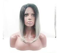 Peluca sintética de encaje frontal para mujer, lacia, color negro y gris, parte media, corte de pelo Bob, peluca natural para disfraz