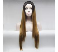Peluca sintética de encaje frontal para mujer, longitud media, lacia, color negro y rubio fresa, peluca de disfraz