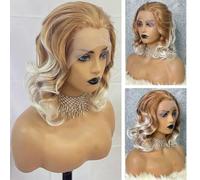 Peluca sintética de encaje frontal rubio miel con encaje frontal de 13 x 3.5 pulgadas, resistente al calor, ondulada, corta, para mujer, rubio miel, 180%, encaje frontal de 16 pulgadas