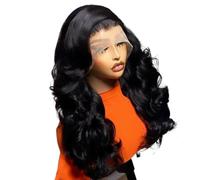 Peluca sintética larga negra de 24 pulgadas con frontal de encaje 13x4, ondas sueltas, línea de cabello pre-depilada con efecto mojado y ondulado, for mujer, cosplay para mujeres encantadoras