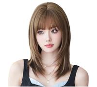 Peluca sintética marrón lisa de 50 cm de largo for mujer, con cabello natural en capas y flequillo for uso diario. Suave y Natural