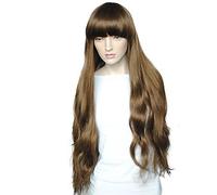 Peluca sintética para mujer, ondulada profunda, color marrón con flequillo, peluca natural para disfraz