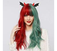 Peluca sintética semi-verde semi-verde, peluca de cosplay para mujer, dama de moda roja verde larga peluca rizada Cosplay de fiesta pelucas sintéticas con flequillo, 66 cm