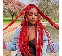 Peluca trenzada roja para mujer, larga, suave, lacia, con encaje frontal, hecha a mano, línea capilar natural, sin pegamento, fibra sintética resistente al calor, aspecto real, peluca de pelo para uso