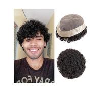 Peluca Tupé rizado de 20 mm for hombre, parte superior monocromática con revestimiento PU alrededor del cabello humano, prótesis capilar masculina(#1B,7x9)