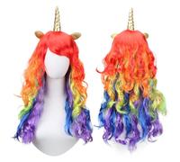 Peluca Unicornio Mujer, Pelo Largo y Rizado Multicolor con Orejas y Cuerno, Peluca Arcoiris, Ropa Accesorios para Fiesta de Disfraces, Cosplay, Carnaval, Halloween