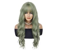 Peluca verde con flequillo,Pelucas onduladas y rizadas de 28 pulgadas de largo for mujer,Sintético de aspecto natural for uso diario Suave y Natural
