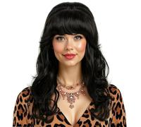 Peluca vintage con cardado negro de PORSMEER para mujer, rizado largo, bouffant, peinado Priscilla Presley, disfraz de los años 60, 50, cabello sintético natural, para disfraz punk rock, Halloween o