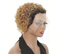 Pelucas afro cortas y rizadas corte Pixie, peluca Pixie corta y rizada de 6 pulgadas, peluca rizada de encaje 13x1, cabello humano, for mujeres negras, uso diario en fiestas, cosplay.(Gradient gold)