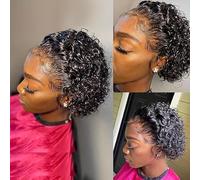 Pelucas afro cortas y rizadas corte Pixie, peluca Pixie corta y rizada de 6 pulgadas, peluca rizada de encaje 13x1, cabello humano, for mujeres negras, uso diario en fiestas, cosplay.(Black)