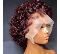 Pelucas afro cortas y rizadas corte Pixie, peluca Pixie corta y rizada de 6 pulgadas, peluca rizada de encaje 13x1, cabello humano, for mujeres negras, uso diario en fiestas, cosplay.(Wine red)