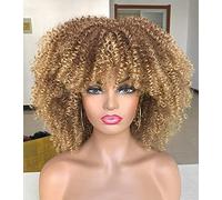 Pelucas afro rizadas para mujeres afroamericanas, pelucas cortas rizadas con flequillo, pelo afro rubio de 14 pulgadas, pelucas de fibra sintética