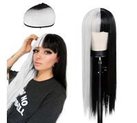 Pelucas Blanco y Negro, Peluca de disfraz de mujer con diseño de pico de viuda mixto - Pelucas de Halloween para Mujer Juegos de Rol y Disfraces - 70cm de largo, mitad negra, mitad blanca