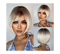Pelucas Bob corto peluca sintética rubio platino Ombre pelucas rectas con flequillo for mujeres negras Afro resistente al calor Cosplay cabello diario Peluca