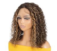 Pelucas Bob rizadas cortas marrones destacadas de la moda, cabello humano sin cola del frente del cordón de la parte 13x4x1 T for las mujeres Wiglets(12 inch)