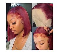 Pelucas Borgoña HD transparente Bob corto pelucas de cabello humano rojo recto 13x6x1 peluca con malla frontal for mujeres prearrancadas Peluca de mujer (Color : 13 * 6 * 1 180%, Size : 8inches 1PC)
