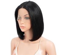 Pelucas brasileñas Remy, cortas y lisas, pelucas bob, 13 x 6 x 1 en T con encaje frontal, pelucas de cabello humano para mujeres de uso diario (negro, 10 pulgadas)