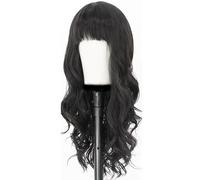 pelucas con flequillo prolijo para mujeres Flequillo negro, ondas grandes, peluca de pelo largo y rizado, cubierta for la cabeza, mujer con estilo esponjoso suave ondulado rizado