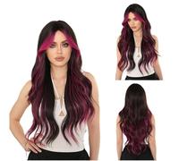 pelucas con flequillo prolijo para mujeres Peluca de pelo largo y rizado con cubierta completa for mujer, peluca teñida ondas grandes, uso diario natural ondulado rizado(Red)