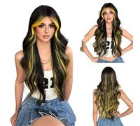 pelucas con flequillo prolijo para mujeres Peluca de pelo largo y rizado con cubierta completa for mujer, peluca teñida ondas grandes, uso diario natural ondulado rizado(Yellow)