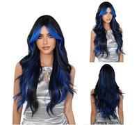 pelucas con flequillo prolijo para mujeres Peluca de pelo largo y rizado con cubierta completa for mujer, peluca teñida ondas grandes, uso diario natural ondulado rizado(Blue)