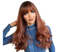 pelucas con flequillo prolijo para mujeres Peluca de pelo largo y rizado marrón rojizo for mujer, con grandes ondas flequillo, estilo fiesta esponjosa completa ondulado rizado