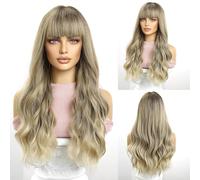 pelucas con flequillo prolijo para mujeres Peluca femenina con pelo largo, ondas grandes, flequillo de aire, cubierta cabeza completa degradada, peluca mate ondulado rizado(B)