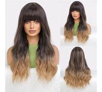 pelucas con flequillo prolijo para mujeres Peluca femenina con pelo largo, ondas grandes, flequillo de aire, cubierta cabeza completa degradada, peluca mate ondulado rizado(D)
