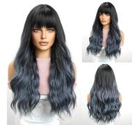 pelucas con flequillo prolijo para mujeres Peluca femenina con pelo largo, ondas grandes, flequillo de aire, cubierta cabeza completa degradada, peluca mate ondulado rizado(A)
