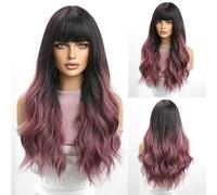 pelucas con flequillo prolijo para mujeres Peluca femenina con pelo largo, ondas grandes, flequillo de aire, cubierta cabeza completa degradada, peluca mate ondulado rizado(C)