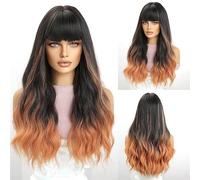 pelucas con flequillo prolijo para mujeres Peluca femenina con pelo largo, ondas grandes, flequillo de aire, cubierta cabeza completa degradada, peluca mate ondulado rizado(F)