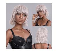 pelucas con flequillo prolijo para mujeres Pelucas blancas cortas for mujeres negras Cosplay diario Peluca de pelo liso natural Bob con flequillo Pelucas sintéticas resistentes al calor ondulado rizad