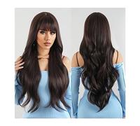 pelucas con flequillo prolijo para mujeres Pelucas sintéticas largas de color marrón oscuro con flequillo, pelos ondulados naturales for mujeres, peluca marrón con ondas corporales, fiesta de disfrace