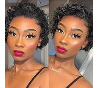 Pelucas cortas corte Pixie mujeres negras, peluca negra Pixie rizos cortos 6 pulgadas, peluca cabello humano encaje transparente 13x1, uso diario en fiestas.
