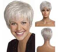 Pelucas cortas de cabello humano color gris plateado para mujer, mezcla de cabello natural, corte Pixie con flequillo, peso ligero, larga vida útil, listo para usar, uso diario