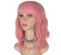 Pelucas cortas de color rosa para mujer, ondulado, pelo sintético natural con flequillo, para uso diario de 16 pulgadas (rosa)