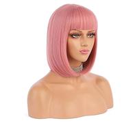 Pelucas cortas de estilo Bob rosa con flequillo, peluca recta hasta el hombro para mujer, peluca de pelo sintético para uso diario, fiesta de cosplay (rosa ruge)