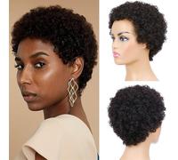 Pelucas cortas de pelo humano rizado afro kinky para mujeres, pelucas esponjosas hechas a máquina cabello humano de aspecto natural sin brillo peluca de repuesto de color negro