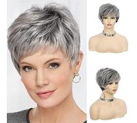 Pelucas cortas grises con corte Pixie y flequillo para mujer, pelucas sintéticas esponjosas y esponjosas naturales resistentes al calor para mujer