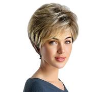 Pelucas cortas marrones para mujer, elegante peluca corta marrón degradado rubia con flequillo, fibra transpirable resistente al calor, no se deforma fácilmente. La peluca corta marrón es adecuada