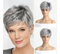 Pelucas cortas naturales con flequillo, cabello suave de mamá, uso diario, cabello sintético corto, gris, rizado, ombré, peluca para fiesta de disfraces para mujeres, WIG-335-10 pulgadas, 1 pieza