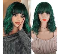 Pelucas cortas onduladas con flequillo plano, color negro natural, sintéticas, para mujer, sin encaje, resistentes al calor, con gorra de peluca (verde)